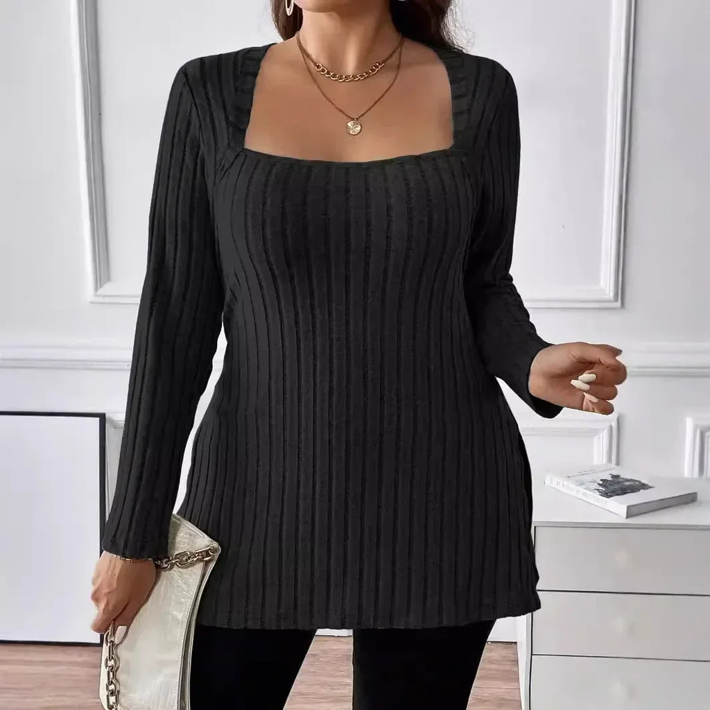 Plus Size New Autumn and Winter 1XL-5XL Women's Fashion Solid Color Sweater Ladies Square Neck Long Sleeved Casual Top Bazaare Mart
