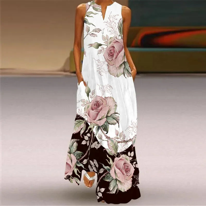 Women's Sleeveless Floral Maxi Dress with Pockets – Casual V-Neck Summer Beach Dress Vintage Rose China Mainland Bazaare Mart Floral Maxi Dresses