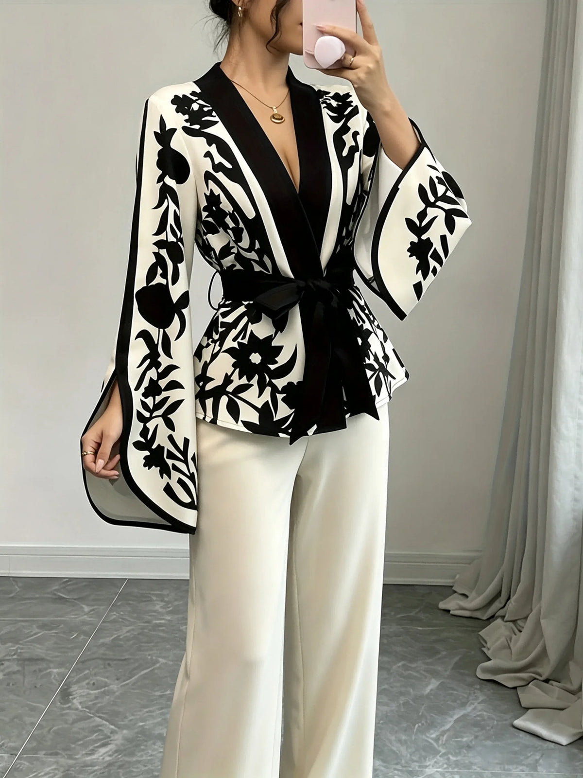 B&W Floral Print Wrap Blouse