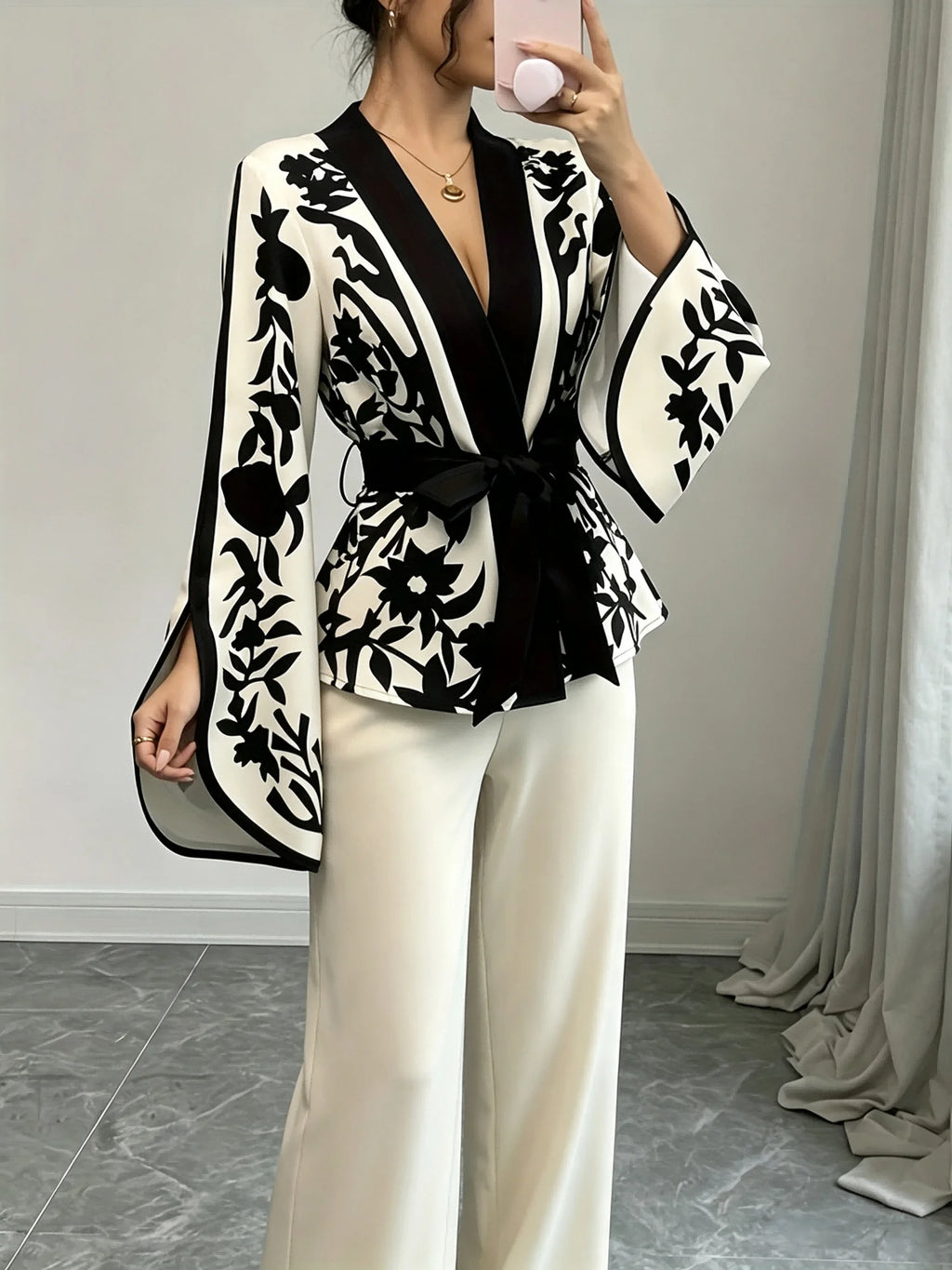 B&W Floral Print Wrap Blouse