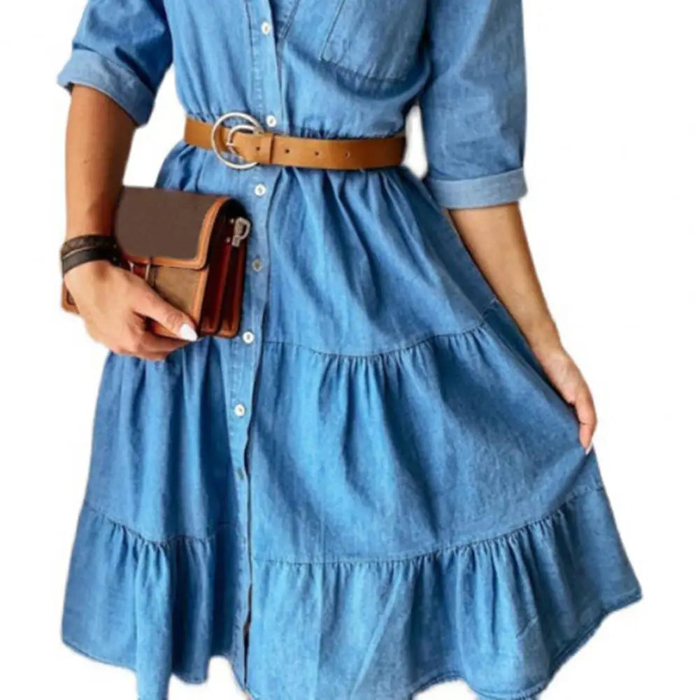Blue Denim Shirt Dress – Tiered Ruffle Skirt & Three-Quarter Sleeves