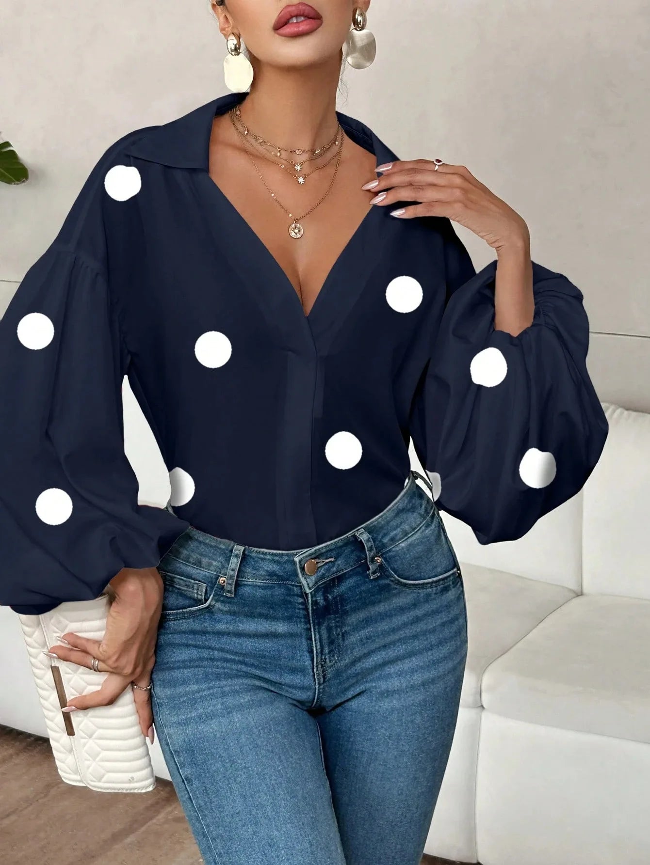 Boho Women's Blouses Spring Fall New Fashion French Polka Dot Half-neck Design Loose Puff Long-sleeve Top Casual Shirts Women Bazaare Mart