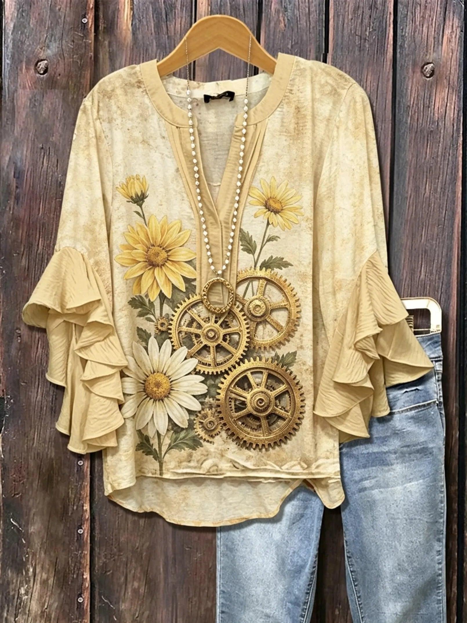Women's Steampunk Floral Print V-Neck Ruffle Sleeve Blouse | Vintage Botanical Casual Top HCHLD20263019L Bazaare Mart Floral Blouse