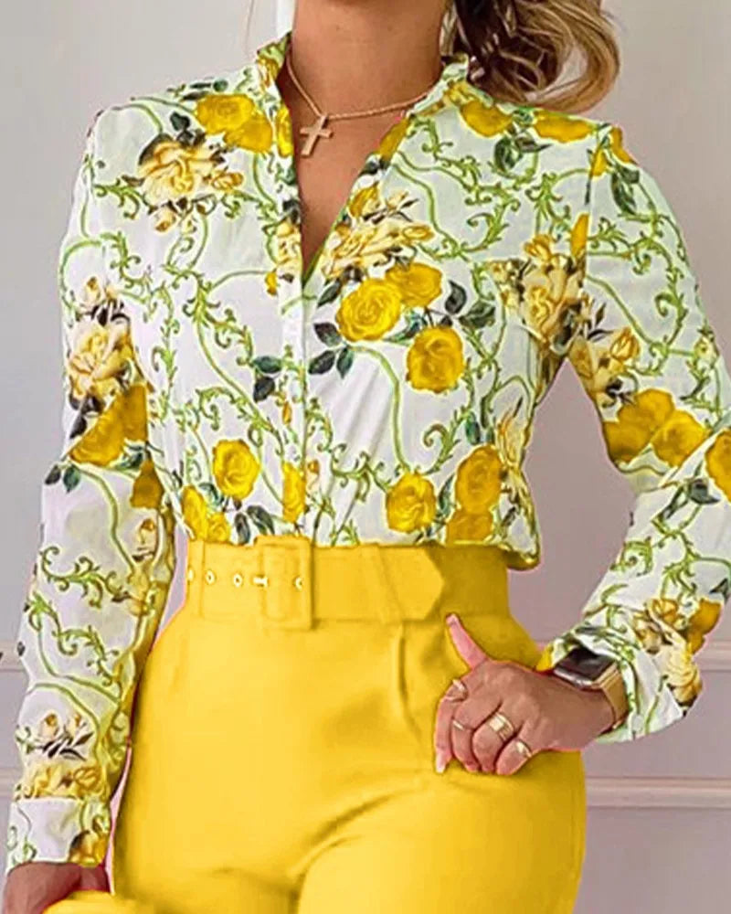 Print Long Sleeve Shirt Matching Pants Sets With Belt