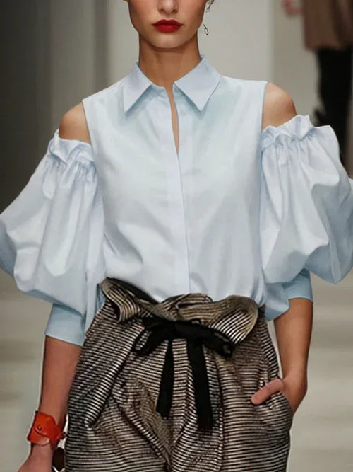 Chic Cold Shoulder Vintage Balloon Sleeves Cotton Blouse Blue Tops Bazaare Mart Chic Cold Shoulder Vintage Balloon Sleeves Cotton Blouse