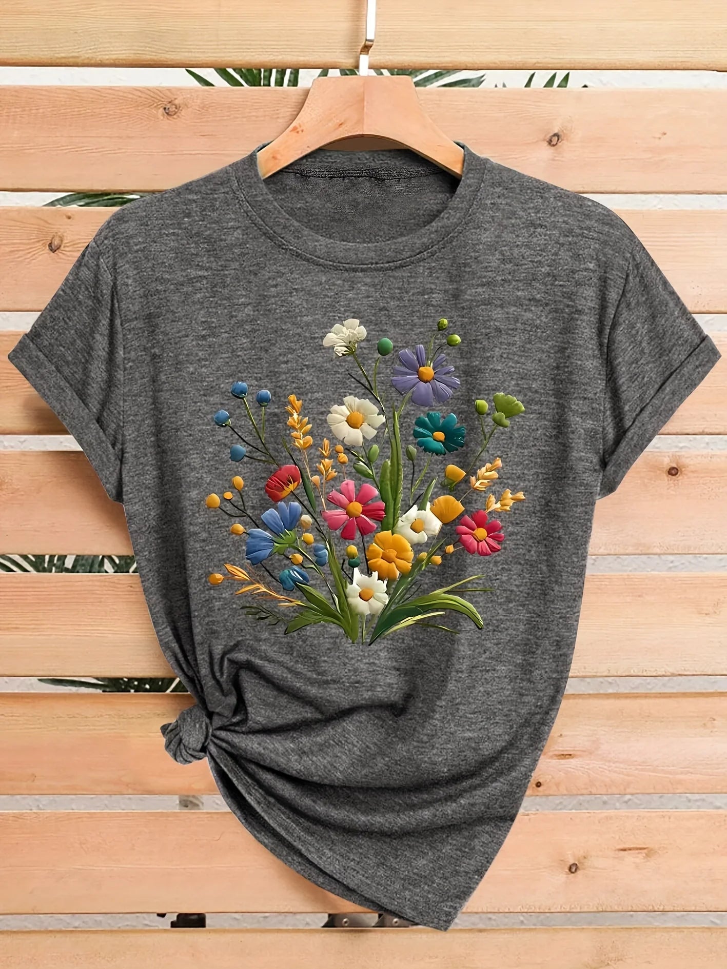 Wildflower Bouquet Women’s Graphic Tee – Colorful Floral Crew Neck Casual T-Shirt TX-WMYZ-1911 Bazaare Mart Lady's T-Shirt