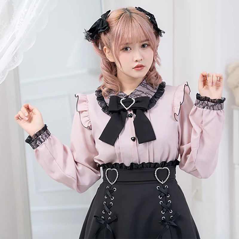 Women's Kawaii Lolita Blouse – Japanese-Inspired Peter Pan Collar Shirt with Lace & Bow Details Bazaare Mart Blouse