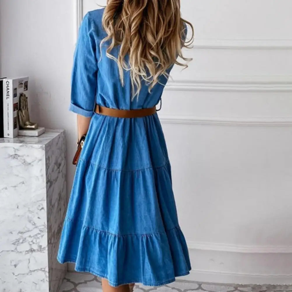 Blue Denim Shirt Dress – Tiered Ruffle Skirt & Three-Quarter Sleeves