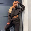 Two Piece Cropped Pullover Hoodie Sweatsuit Black Bazaare Mart Two Piece Cropped Hoodie Tracksuit