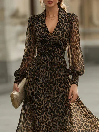 Sheer Leopard Print Elegant Flowy Long Sleeve V-Neck Dress