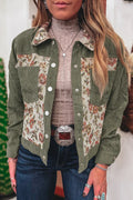 Sage Green Ribbed Retro Floral Patchwork Jacket Sage Green 100%Polyester Shewin Jackets