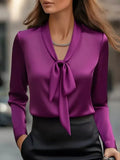 Satin Tie Front Long Sleeve Blouse Purple Bazarre Mart Satin Tie Front Long Sleeve Blouse