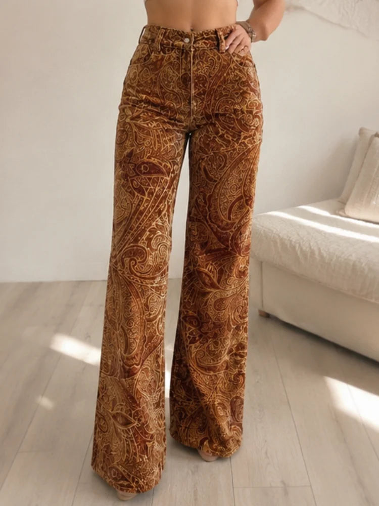 Vintage Velvet Paisley High-Waist Bell Bottom Slacks