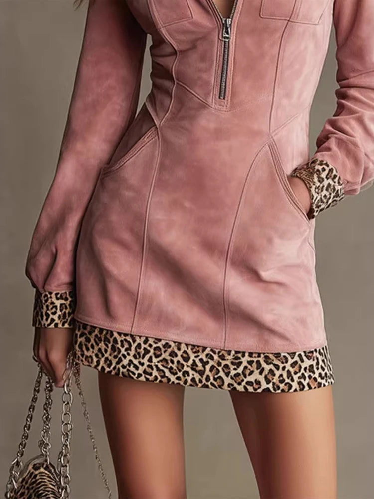Dusty Pink Faux Suede Mini Dress with Leopard Print Trim