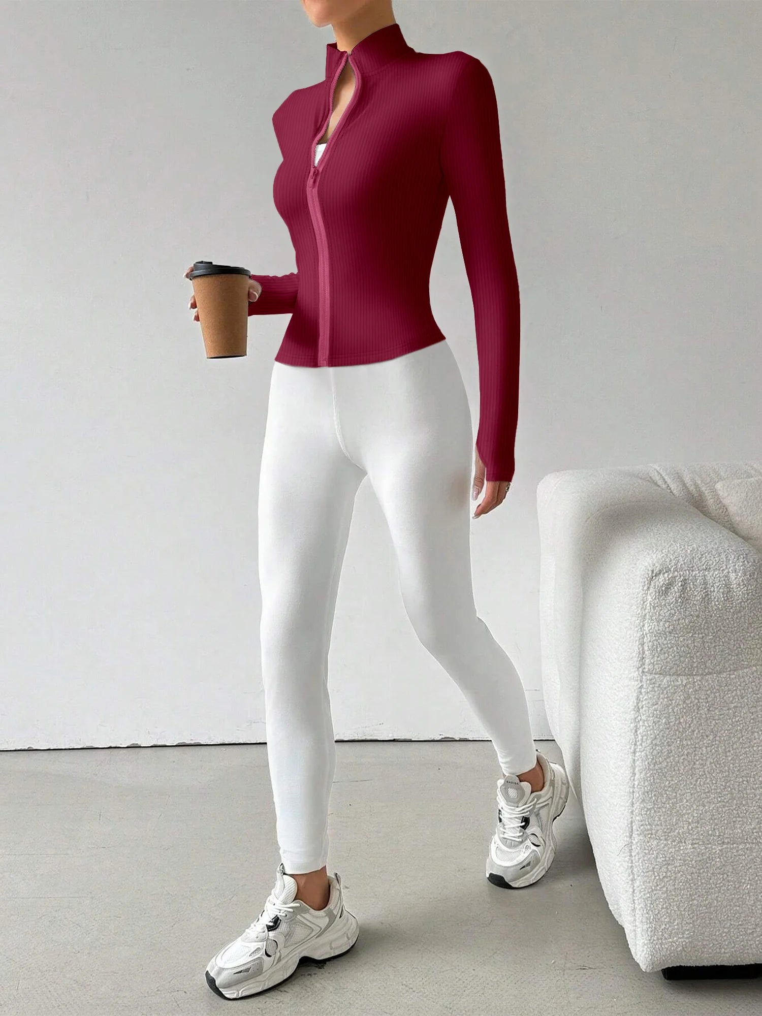 Ribbed Knit Zip-Up Crop Active Fit Jacket with Stand Collar