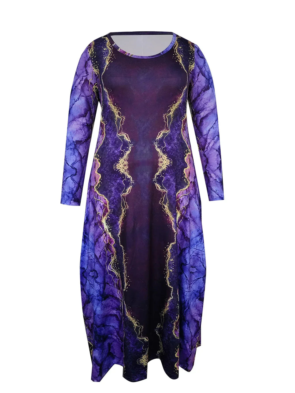 Long Sleeve Purple & Gold Abstract Maxi Dress Bazaare Mart Long Sleeve Maxi Dress