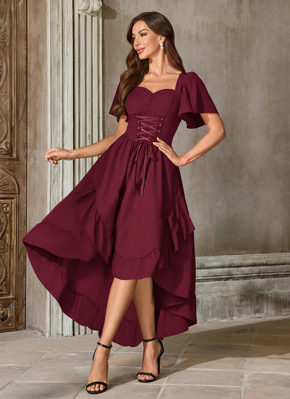 Burgundy High-Low Renaissance Dress with Corset-Style Bodice