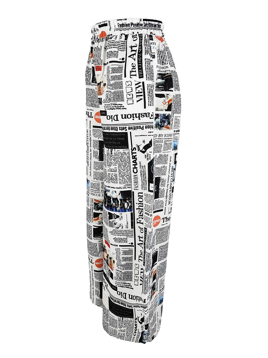 Vintage Newspaper Print Wide Leg Pants