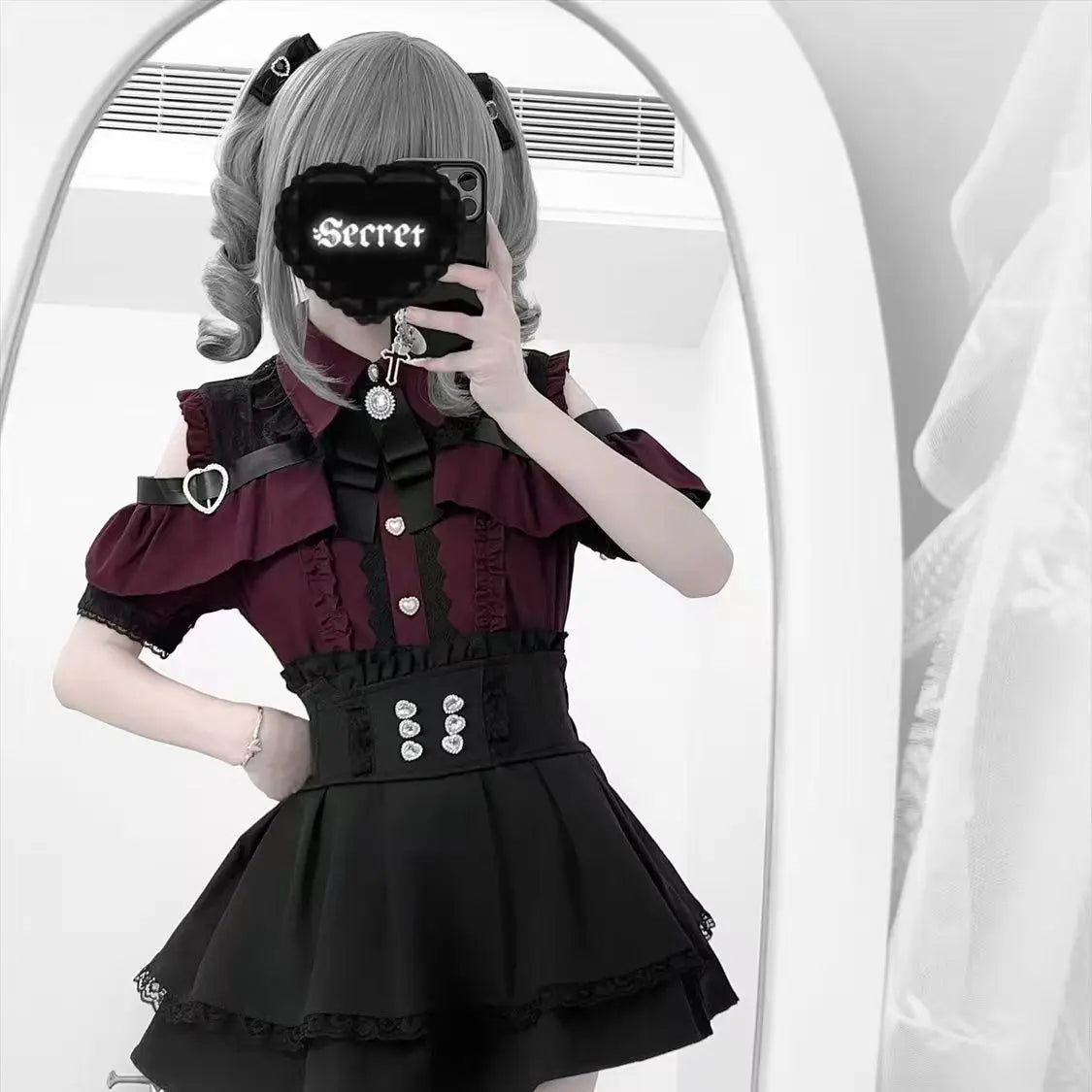 Dark Sweet Heart Ground Type Lolita Set, Ruffle Sleeve Top & A-line Skirt, Cute Kawaii Japanese Style Gothic Coord Outfit S-XL Bazaare Mart