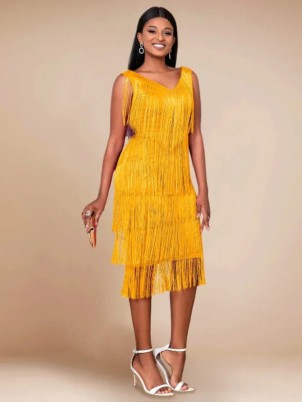 Retro Sleeveless Midi Tassel Dresses Yellow Bazaare Mart Midi Tassel Dress