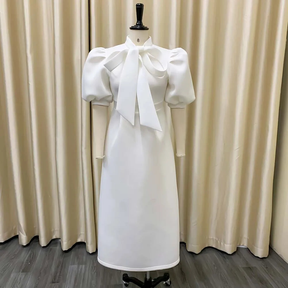 Elegant Solid Color Bow Short Puff Sleeve Full Skirt Midi Dress