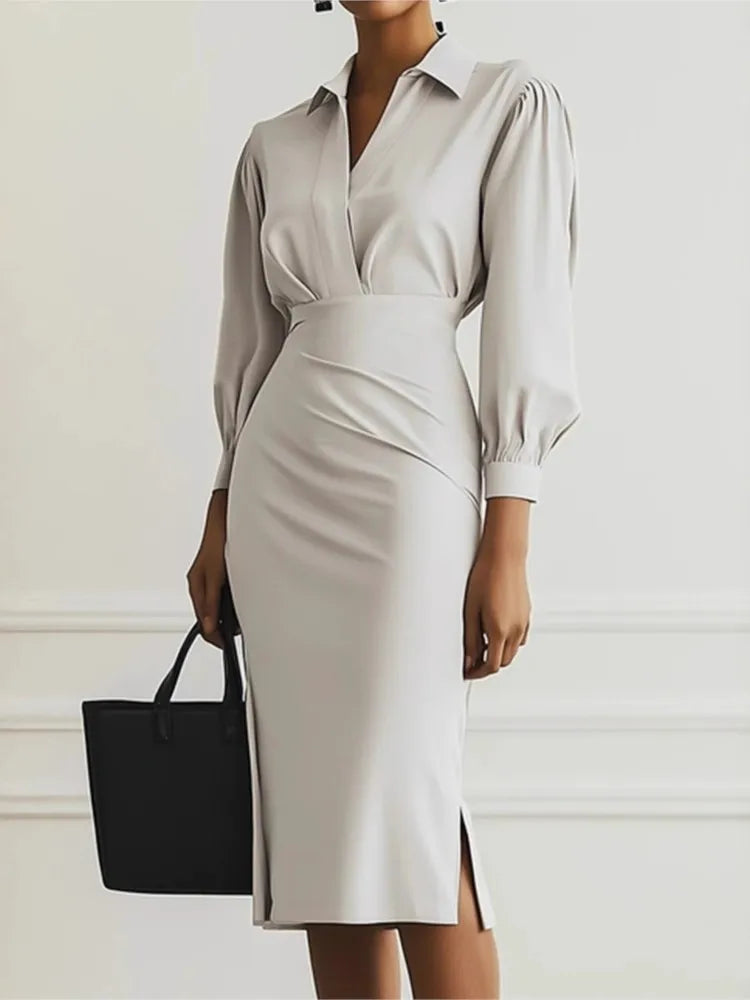 Fashionable Collared V-neck Solid Color Long-sleeved Bodycon Midi Dress