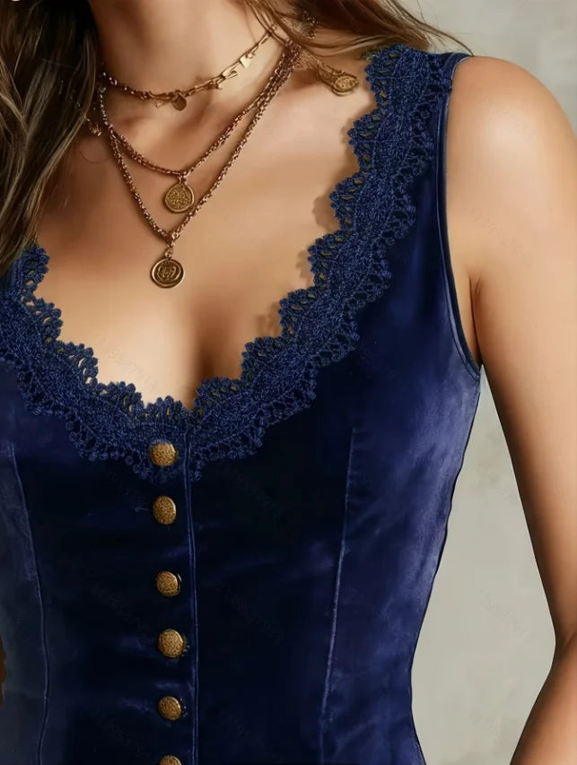 Women's V-Neck Velvet Vest with Lace Trim and Button Design
