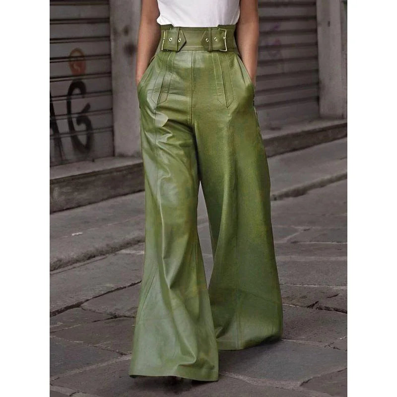 Women's PU High Waisted Loose Wide Leg Trousers