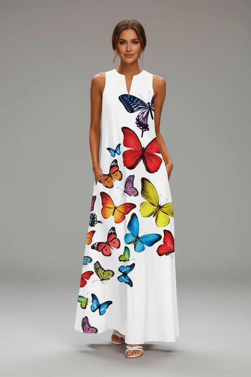 Women's Sleeveless Floral Maxi Dress with Pockets – Casual V-Neck Summer Beach Dress Butterflies Rising China Mainland Bazaare Mart Floral Maxi Dresses