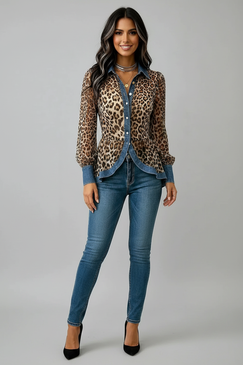 Leopard Print Chiffon Peplum Blouse with Denim Trim
