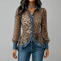 Leopard Print Chiffon Peplum Blouse with Denim Trim