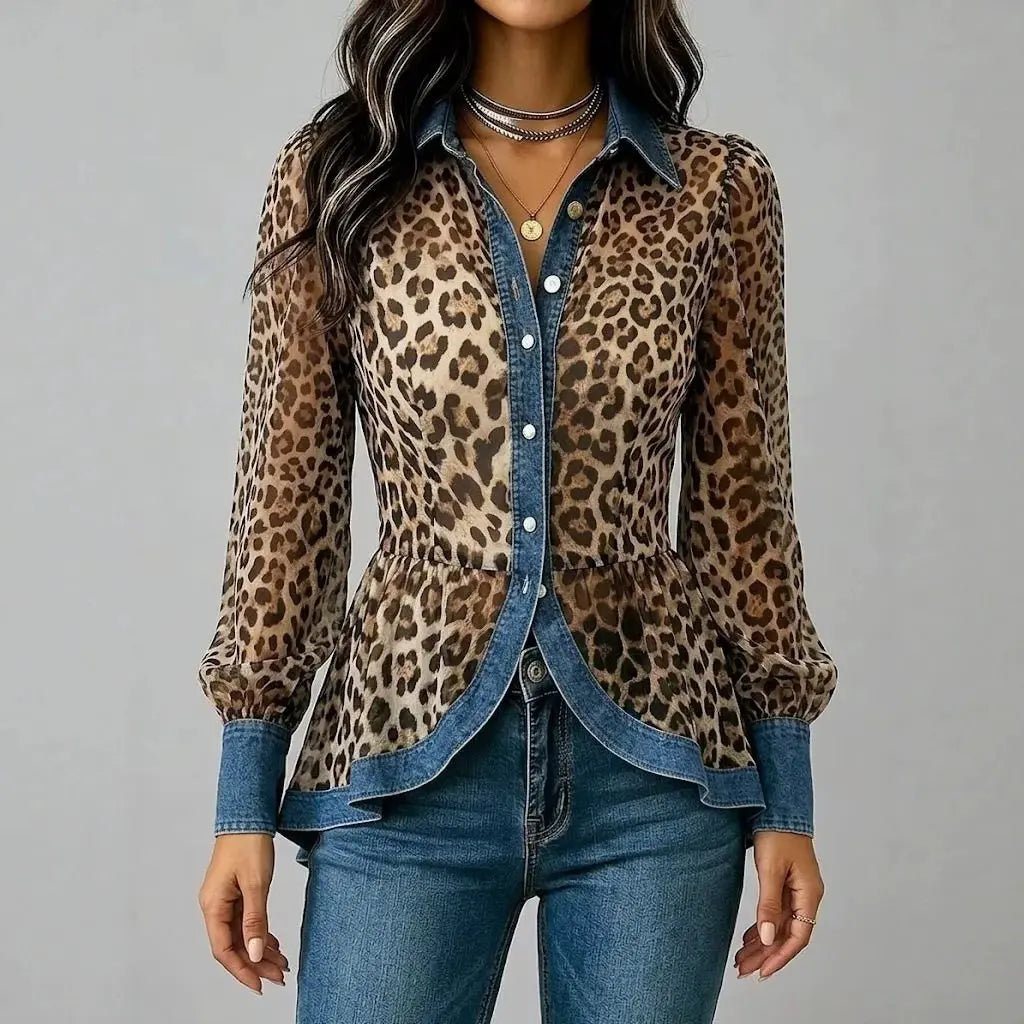 Leopard Print Chiffon Peplum Blouse with Denim Trim