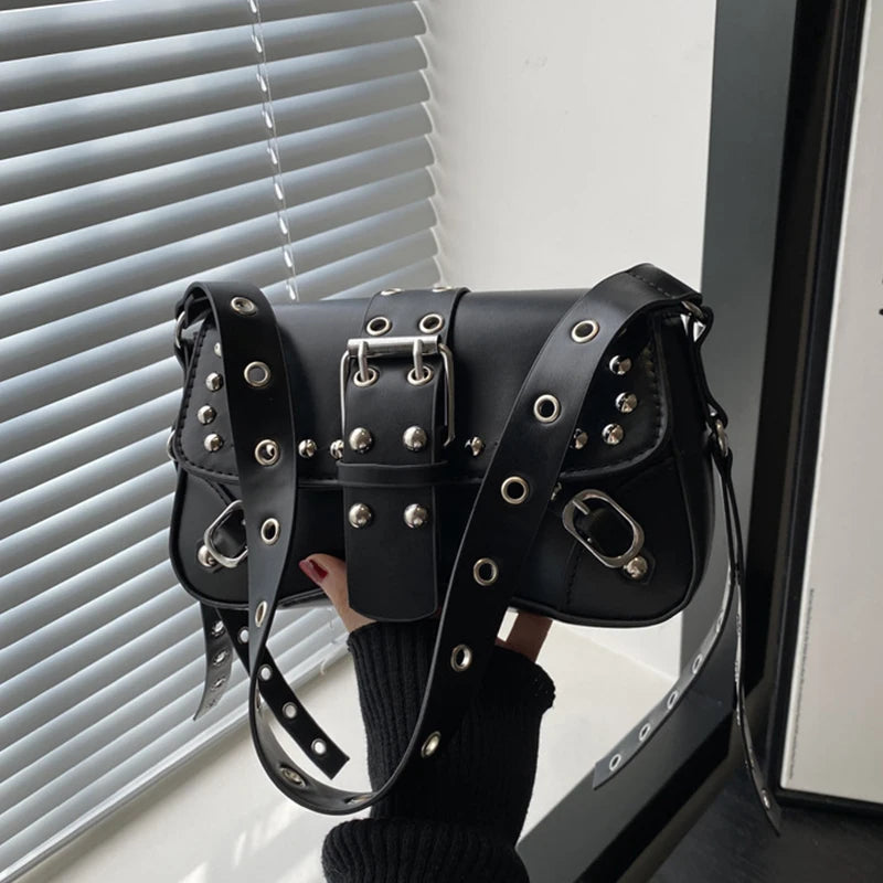 Studded Baguette Shoulder Bag – Faux Leather Punk Rock Shoulder Purse with Buckle & Rivet Details black China Mainland Bazaare Mart Shoulder Purse