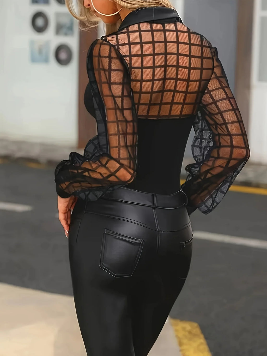 Women's Plaid Mesh Sleeve Blouse | Elegant Lapel Long-Sleeve Top