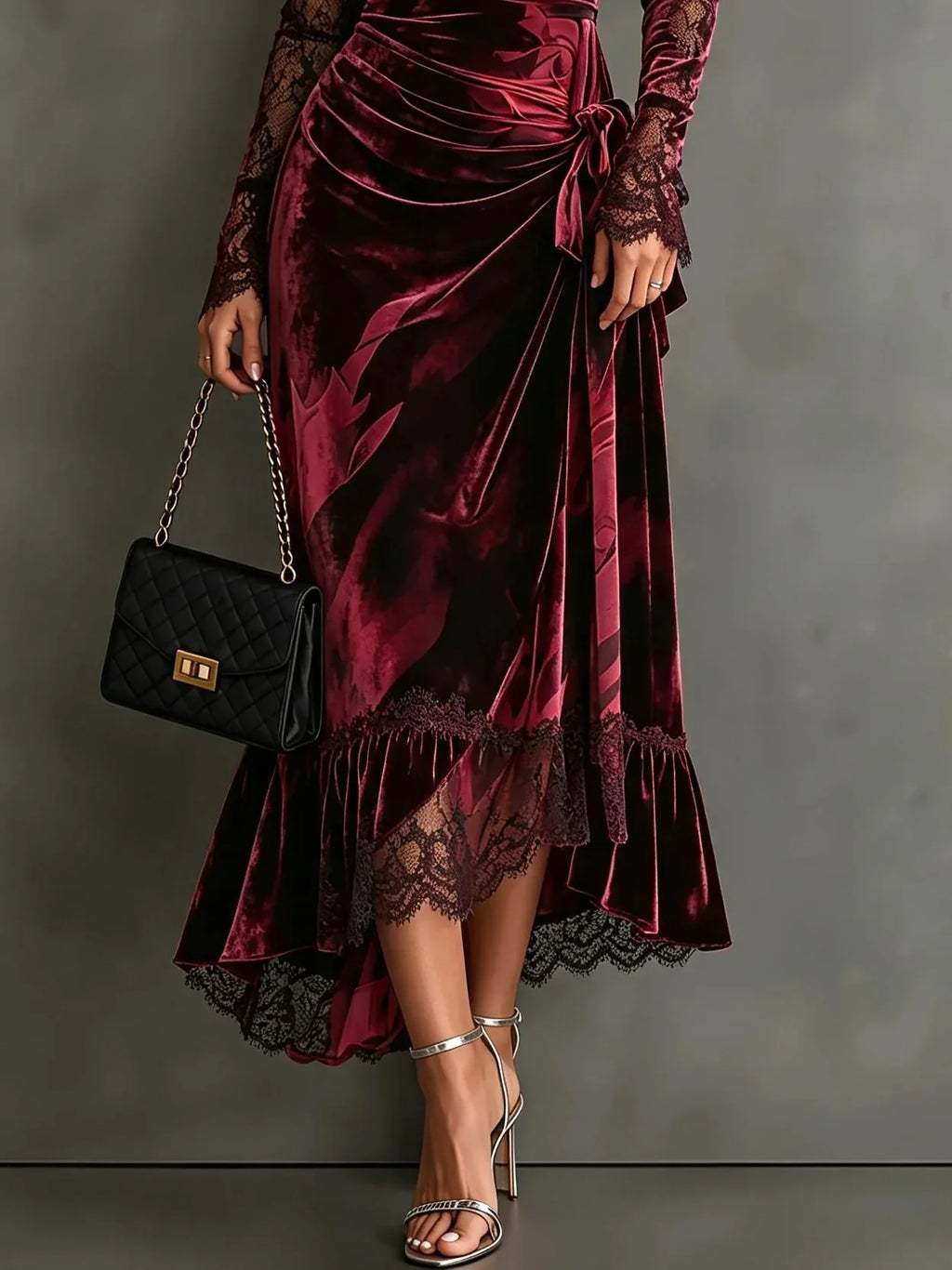 Burgundy Velvet Lace-Trim Fishtail Midi Dress
