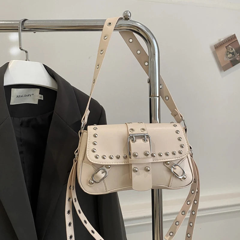 Studded Baguette Shoulder Bag – Faux Leather Punk Rock Shoulder Purse with Buckle & Rivet Details Bazaare Mart Shoulder Purse