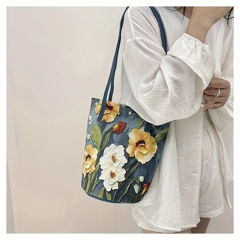 Women's Large Capacity Summer Floral Oxford Bucket Bag Casual Fashionable Shoulder Bag with Oil Painting Flower Design Handbag Bazaare Mart