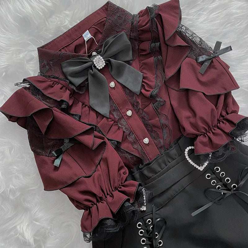 Women's Kawaii Lolita Blouse – Japanese-Inspired Peter Pan Collar Shirt with Lace & Bow Details Bazaare Mart Blouse