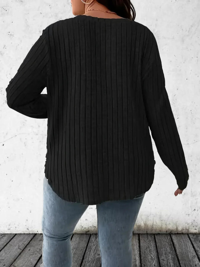 V-Neck Long Sleeve Ribbed Knit Top