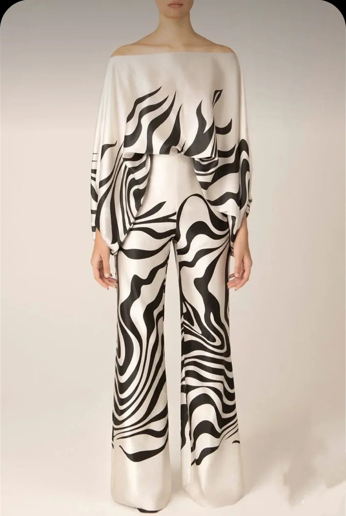 Abstract Print Satin 2pc Pants Sets Black Bazaare Mart 2 pc. Pants Outfit