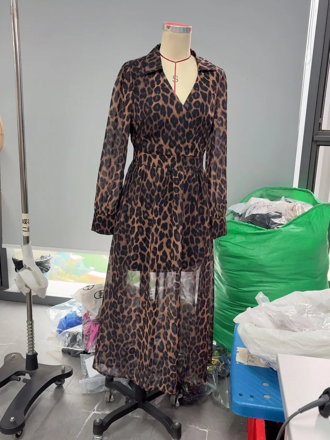 Sheer Leopard Print Elegant Flowy Long Sleeve V-Neck Dress