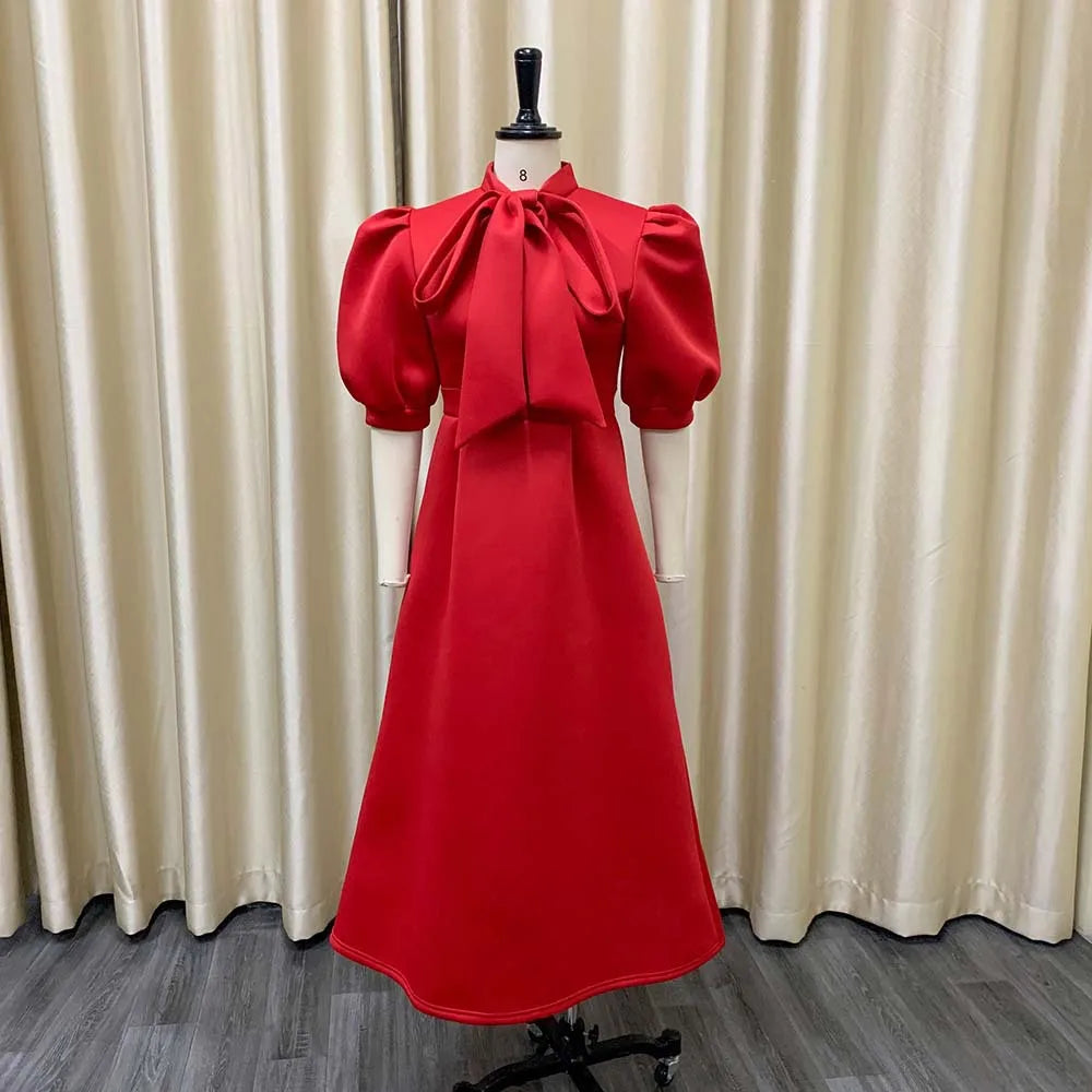 Elegant Solid Color Bow Short Puff Sleeve Full Skirt Midi Dress
