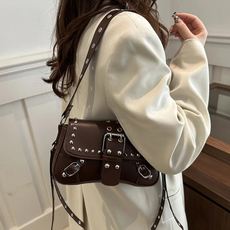 Studded Baguette Shoulder Bag – Faux Leather Punk Rock Shoulder Purse with Buckle & Rivet Details Bazaare Mart Shoulder Purse