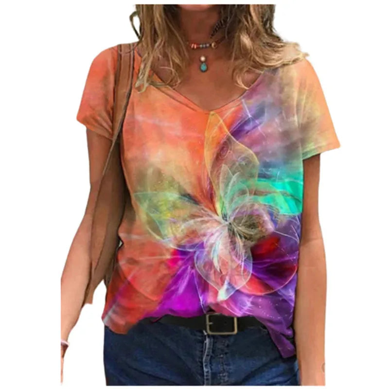 Women's Floral 3D Print V-Neck T-Shirt