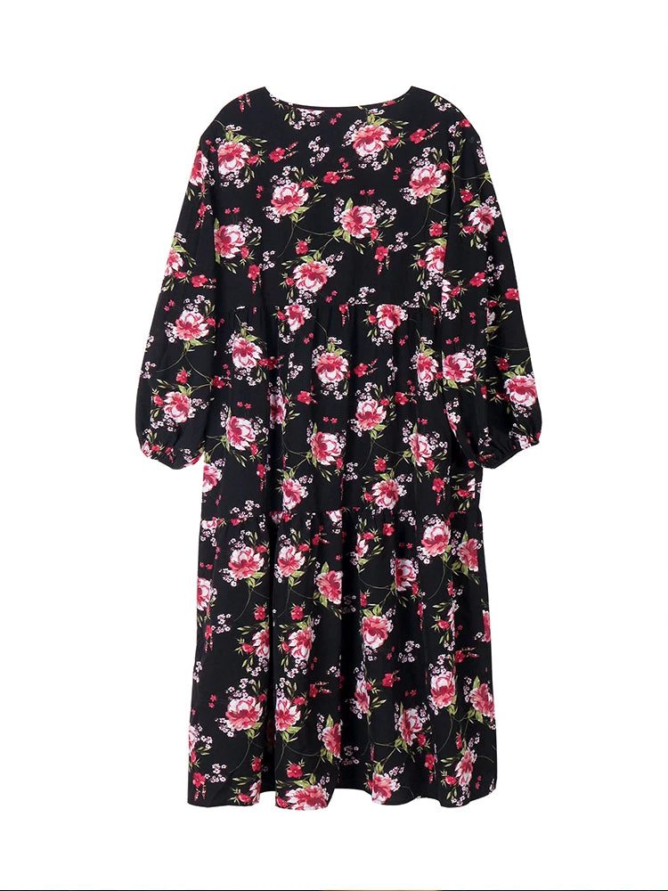 Elegant Black Floral V-Neck Long Sleeve Midi Dress Bazaare Mart Elegant Black Floral V-Neck Long Sleeve Midi Dress