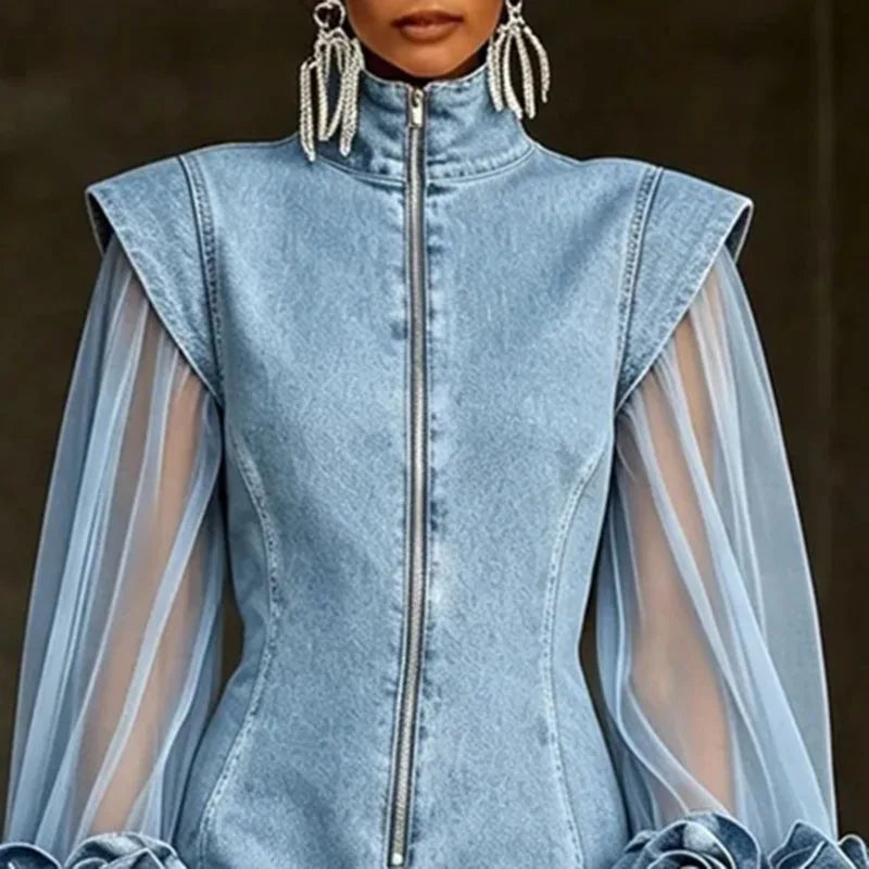 Light Blue Denim Mini Dress – Sheer Mesh Sleeves &amp; 3D Rose Cuffs