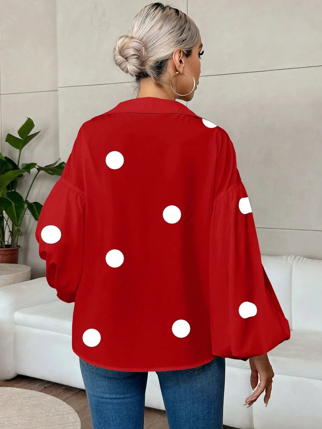 Boho Women's Blouses Spring Fall New Fashion French Polka Dot Half-neck Design Loose Puff Long-sleeve Top Casual Shirts Women Bazaare Mart