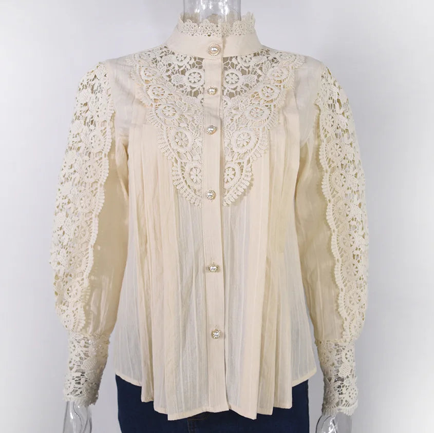 Vintage Lace Long Sleeve Pearl Button Blouse