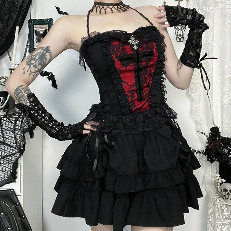 Japanese Gothic Y2k Lolita Style Skirt Women Harajuku Dark Streetwear Lace Mini Cake Skirt Female Fashion Slim Outfitn Bazaare Mart