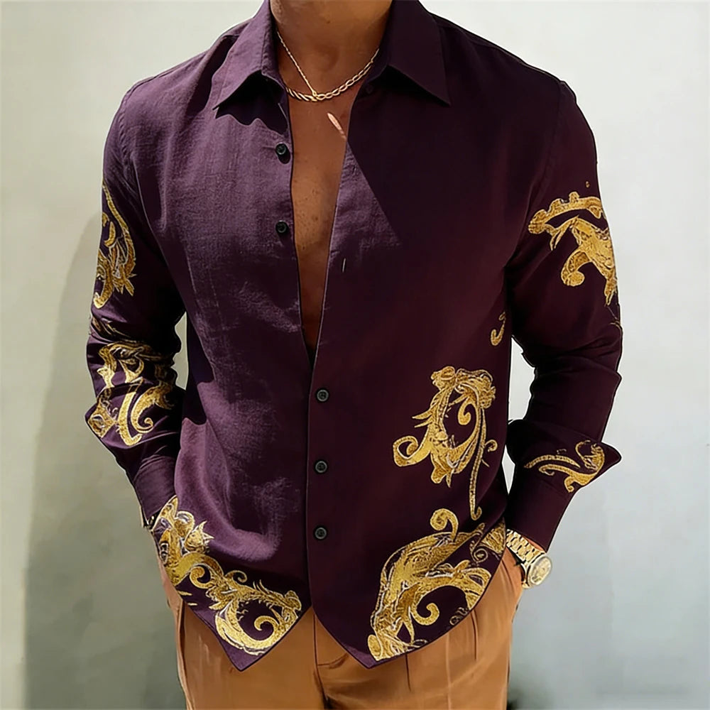 Men's Gold Baroque Print Button-Up Shirt – Long Sleeve Statement Shirt